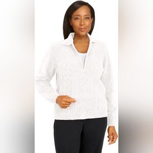 Alfred Dunner Ivory Cable Knit Zip Up Cardigan Petite